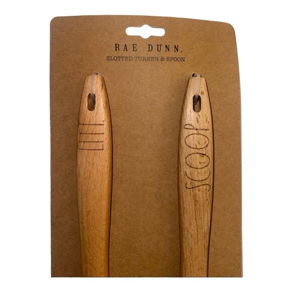 Rae Dunn Slotted‎ Turner & Scoop Spoon Set Wood Handle Kitchen Utensils - Picture 2 of 6